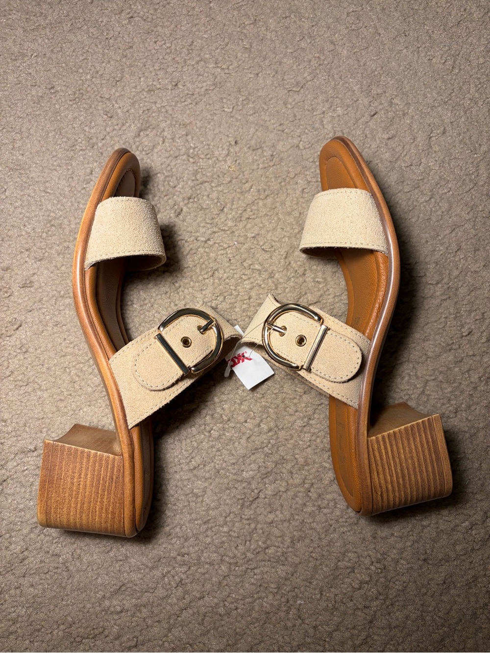 Italian Shoemakers Beige Suede Double Strap leather heels gold buckle NWT TJmaxx